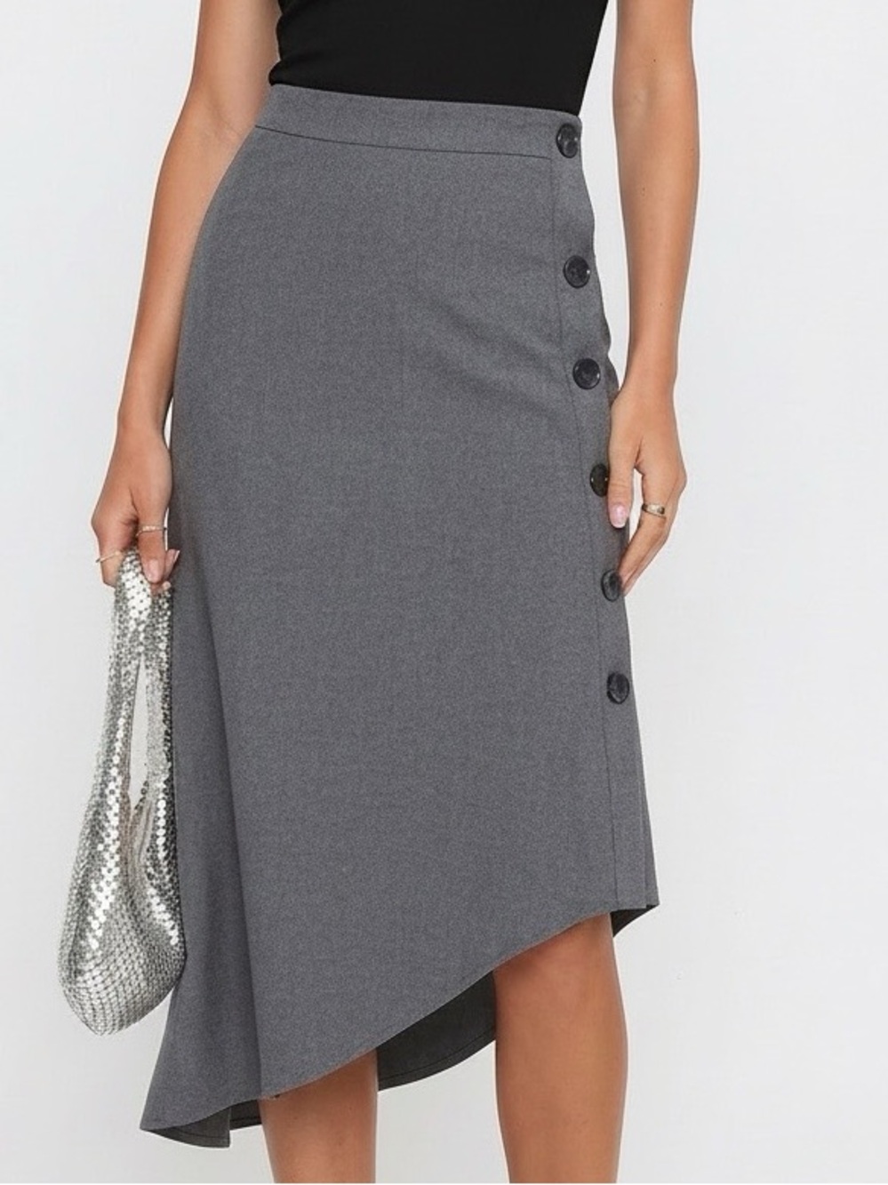 Zara Charcoal Gray Asymmetrical Midi Skirt with Side Buttons Size M🩶